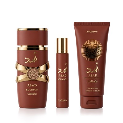 Lattafa Asad Bourbon EDP 100 ml + EDP MINI 12 ml + SG 100 ml – rinkinys vyrams